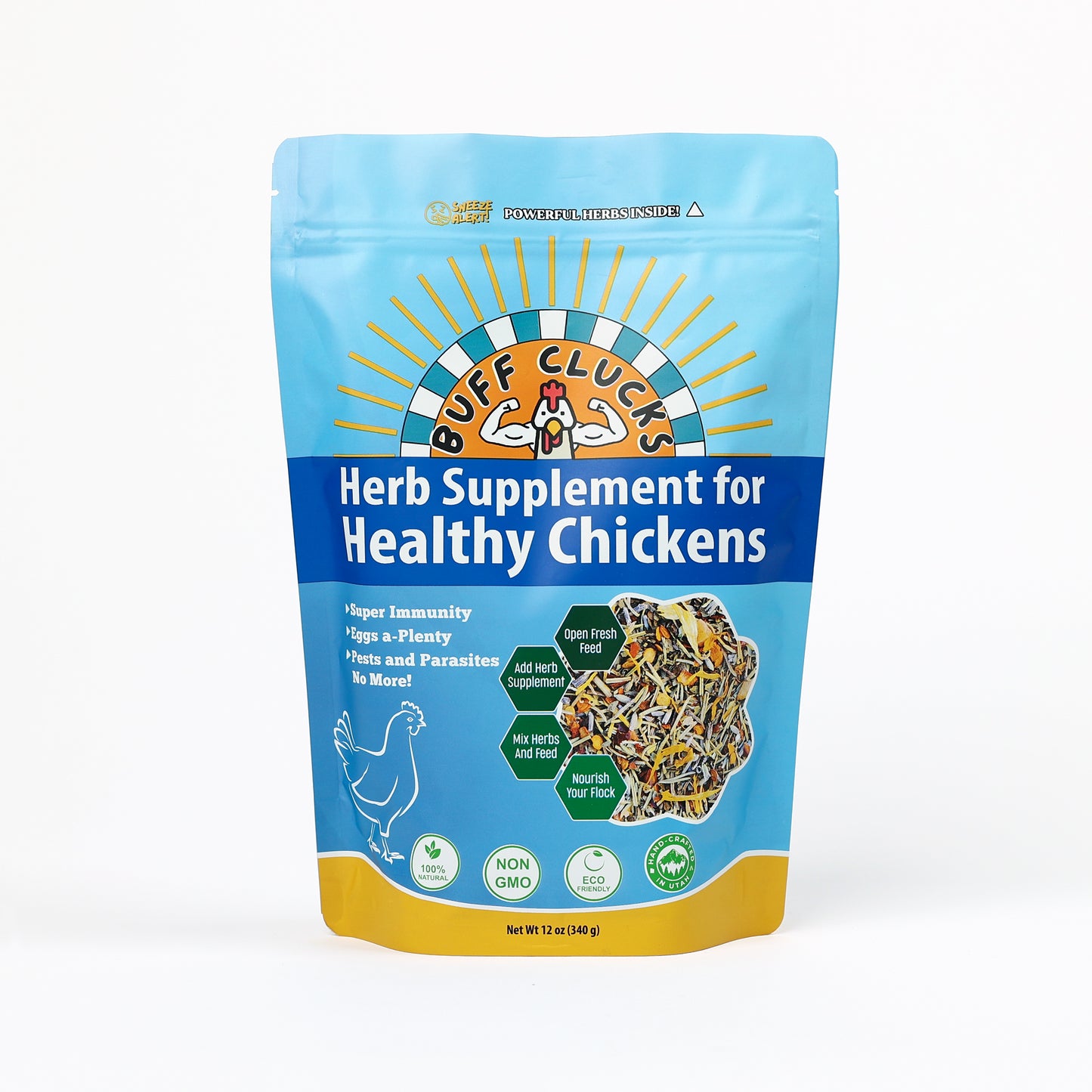 buff clucks herb supplement for chickens front of package