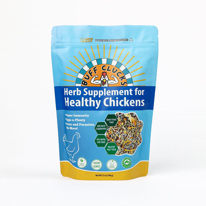 buff clucks herb supplement for chickens front of package